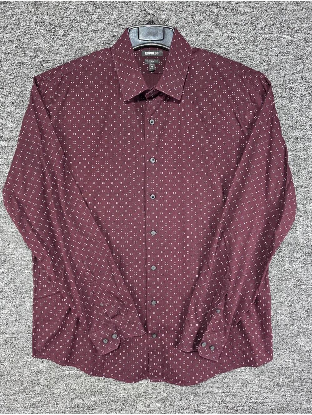 Express Men's Slim Fit Dress Shirt Burgundy White Geometric Cotton 17-17.5 34/35